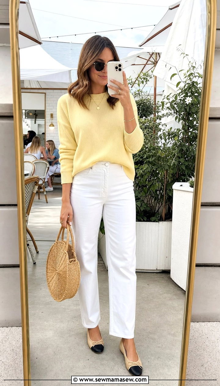 Pastel Sweater With White Jeans - 25 coastal grandmother outfits inspo