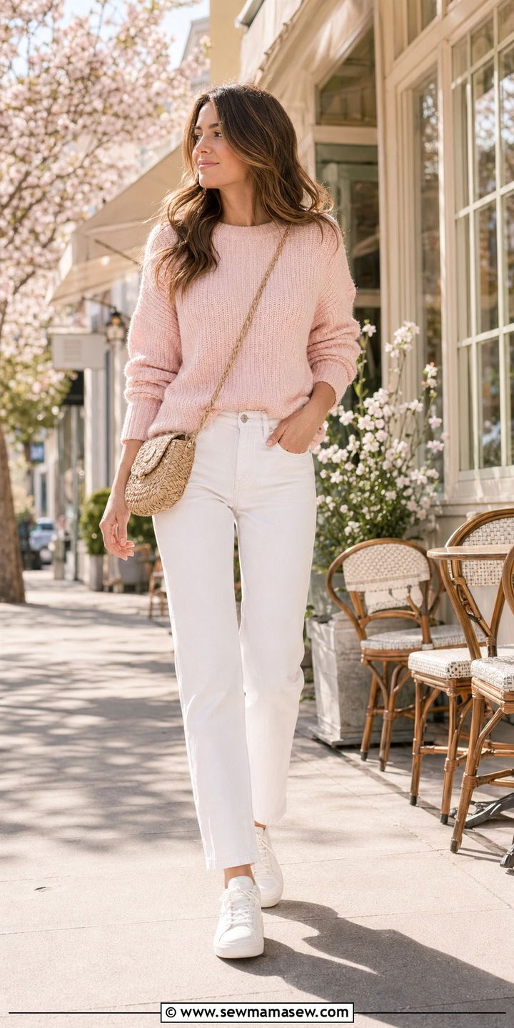 Pastel Sweater With White Straight Leg Jeans and Sneakers - 35 April outfits for women