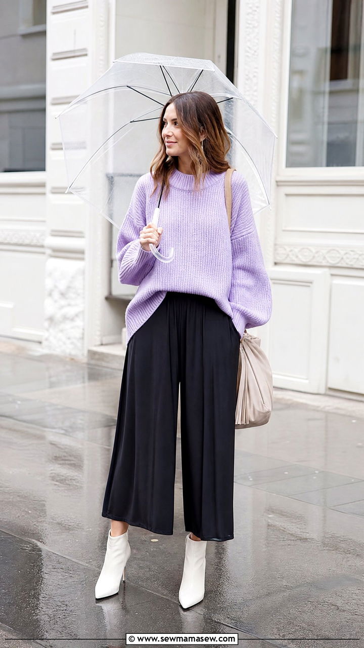 Pastel Sweater and Culottes Spring Rain Outfit - 25 Spring rain outfit ideas