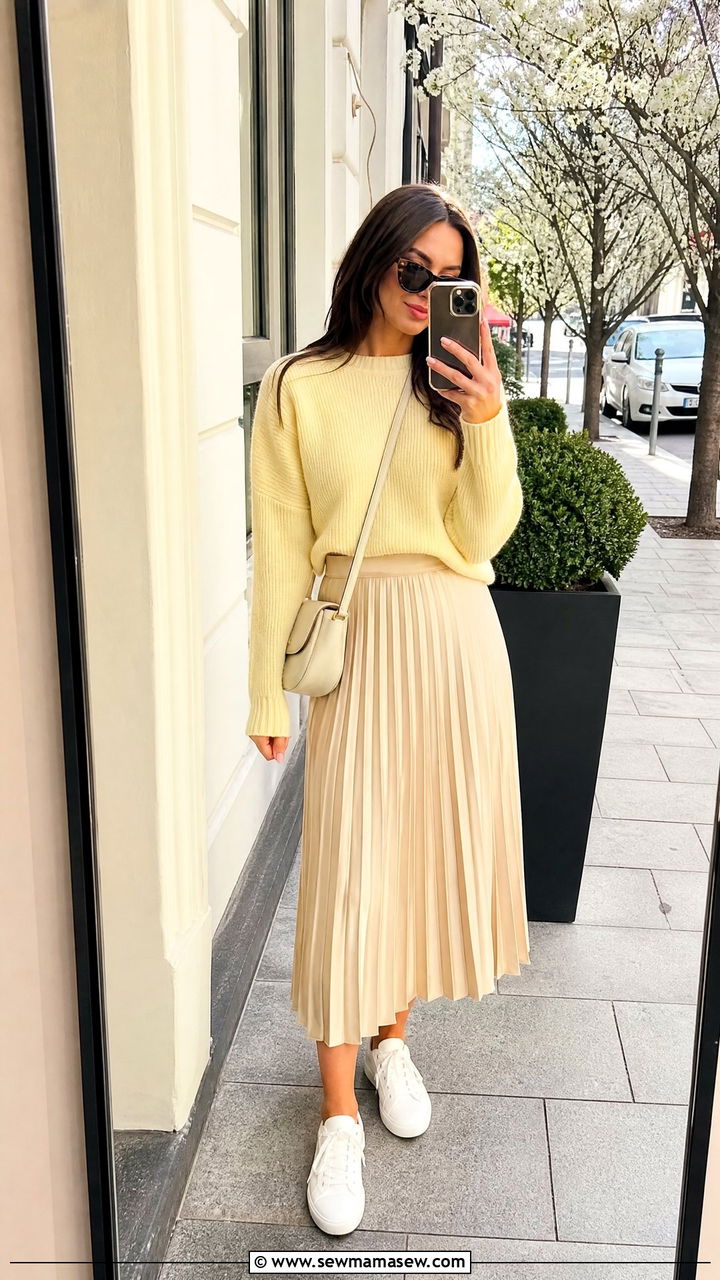 Pastel Sweater and Pleated Midi Skirt - 25 Brunch outfit ideas for spring 2026