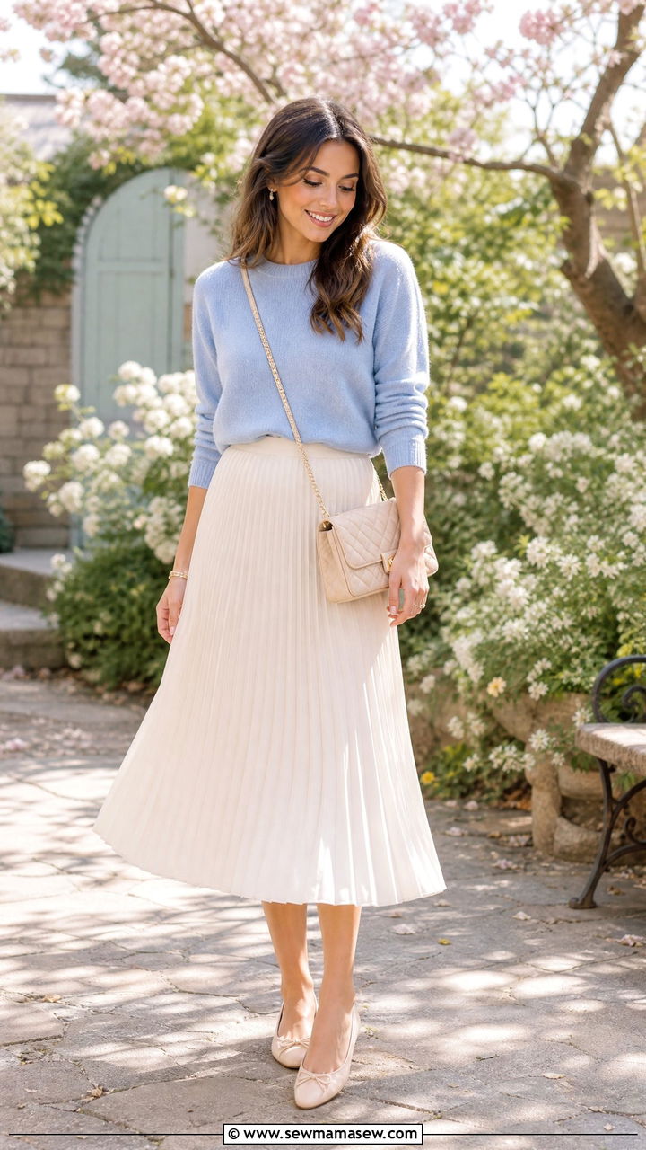 Pastel Sweater and Pleated Skirt Outfit - 30 elegant outfits ideas