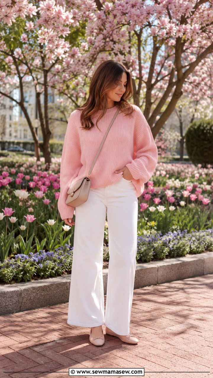 Pastel Sweater and White Wide Leg Jeans Outfit - 30 spring outfit ideas aesthetic