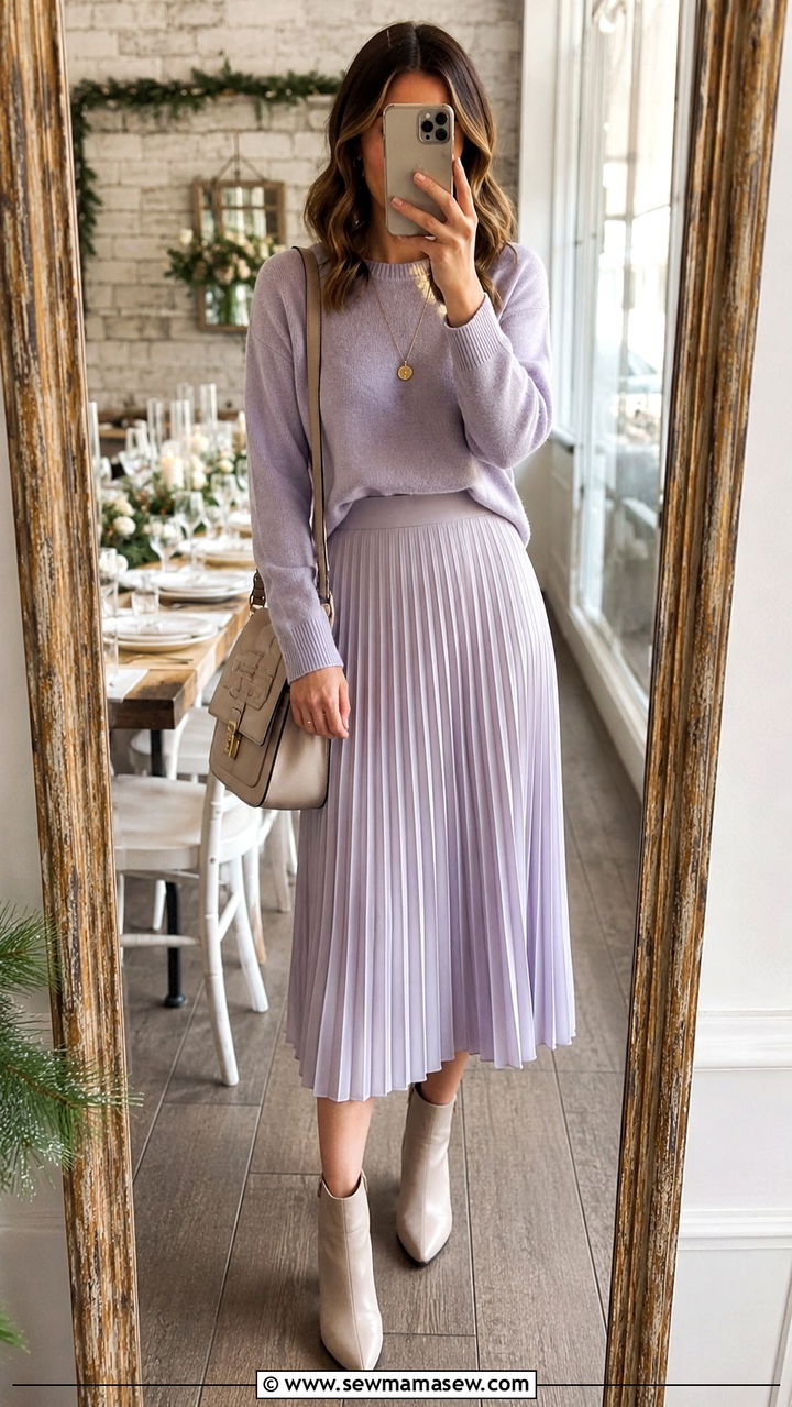 Pastel Sweater with Pleated Midi Skirt - 25 Baby shower brunch outfit ideas