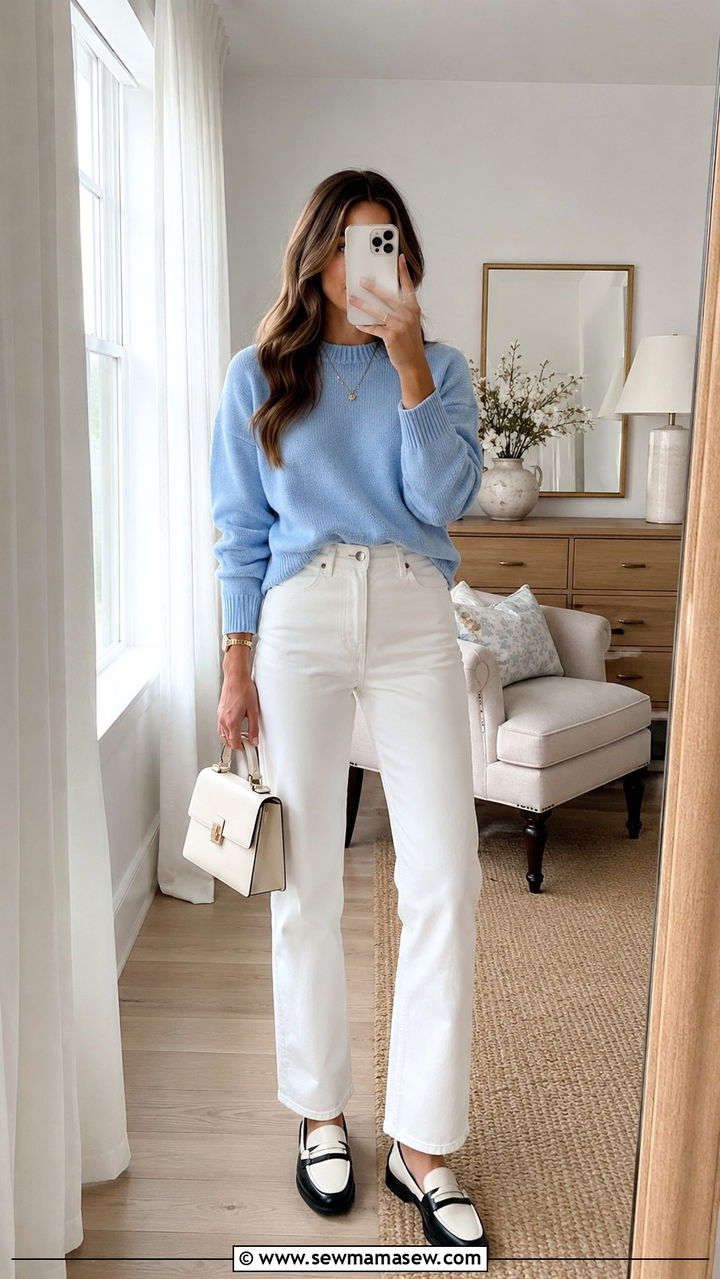 Pastel Sweater with White Jeans and Two Tone Loafers - 30 Spring preppy outfits 2026