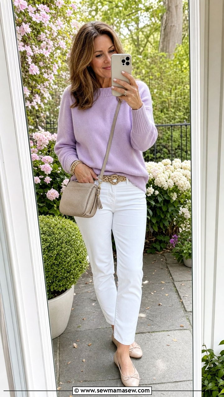 Pastel Sweater with White Jeans - 35 Brunch outfits for women over 40