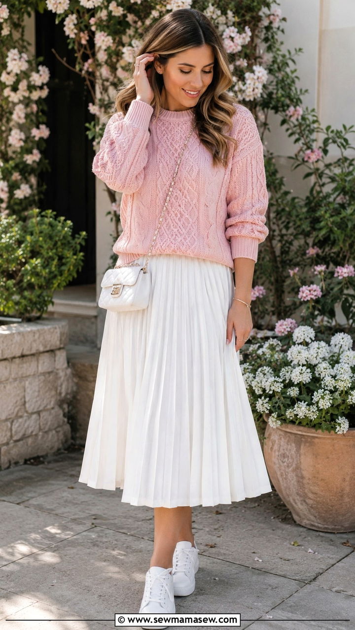Pastel Sweater with White Midi Skirt - 30 Late March outfit ideas