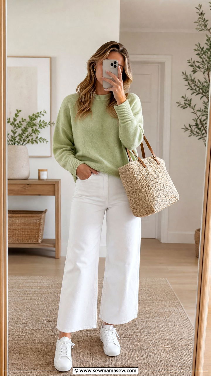 Pastel Sweater with White Wide Leg Jeans - 30 Feminine spring outfits