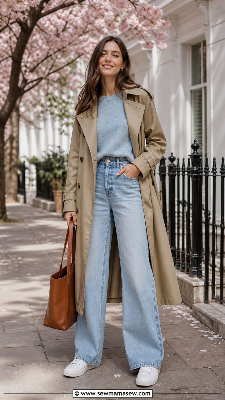 Pastel Sweater with Wide Leg Jeans and Trench - 40 First day of spring outfits