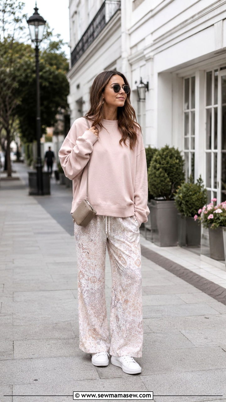 Pastel Sweatshirt With Patterned Wide Leg Pants - 30 transitional everyday outfits for women