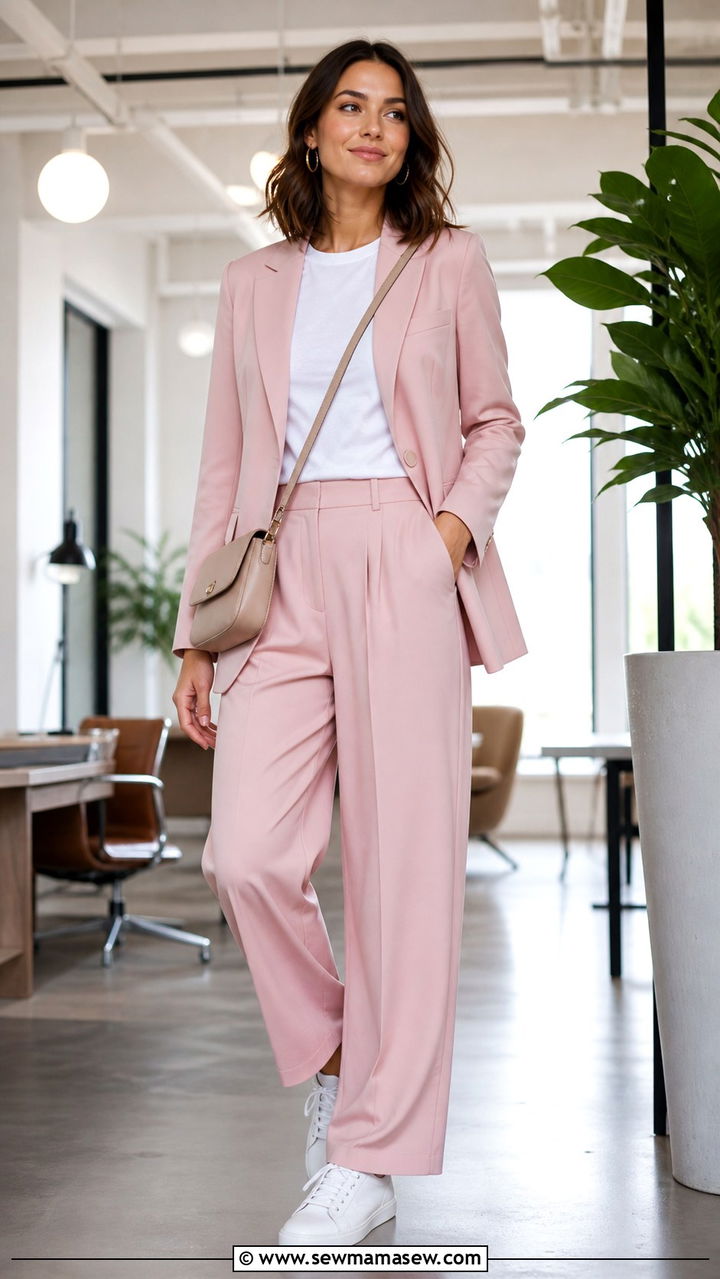 Pastel Tailored Suit With White Sneakers - 40 Cute spring outfits