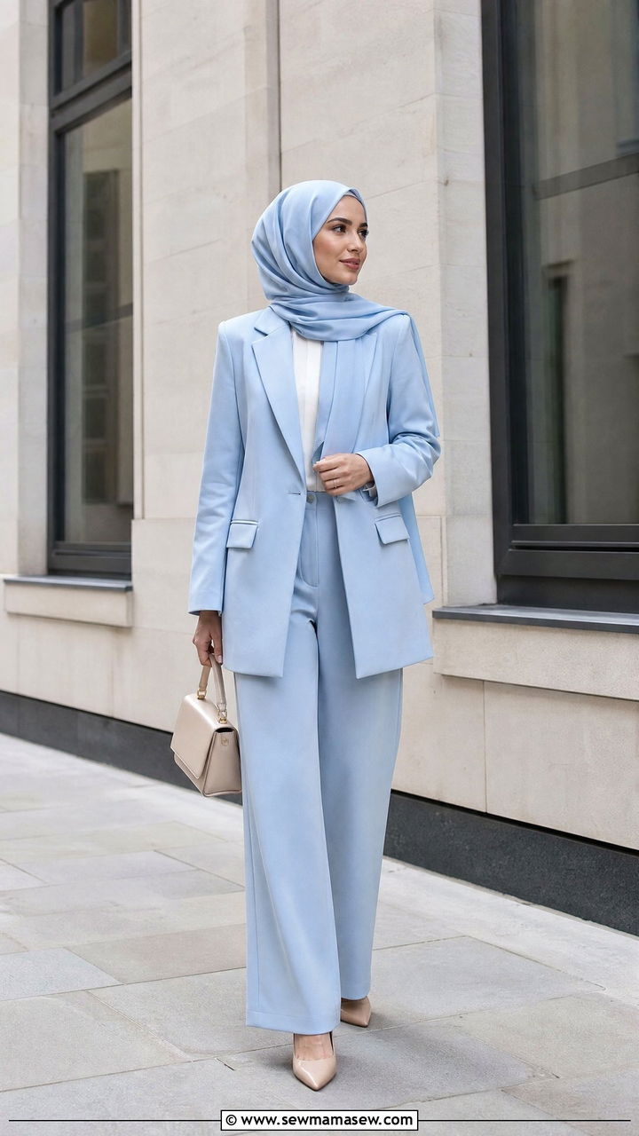 Pastel Tailored Suit with Silk Hijab - 30 Eid outfit ideas with hijab