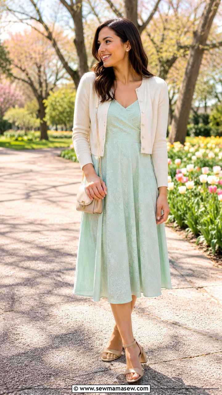 Pastel Tea Length Dress With Lightweight Cardigan - 20 Wedding guest outfit ideas tea length dress