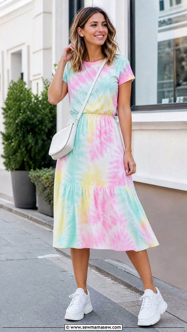 Pastel Tie Dye Midi Dress with Chunky Sneakers - 30 summer colorful outfit ideas