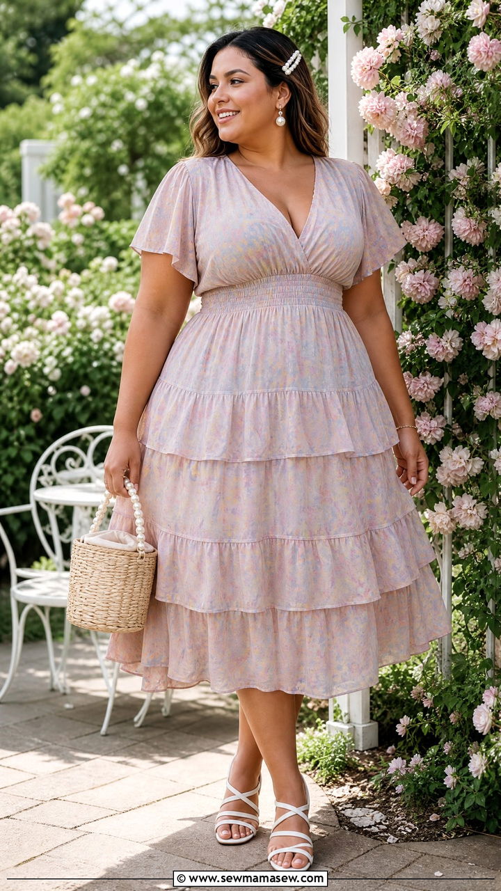 Pastel Tiered Ruffle Dress Outfit - 30 Summer outfits for curvy women