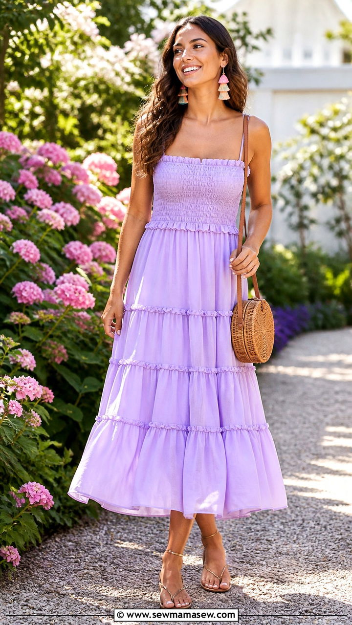 Pastel Tiered Ruffle Dress With Tassel Earrings - 40 summer dress outfit ideas