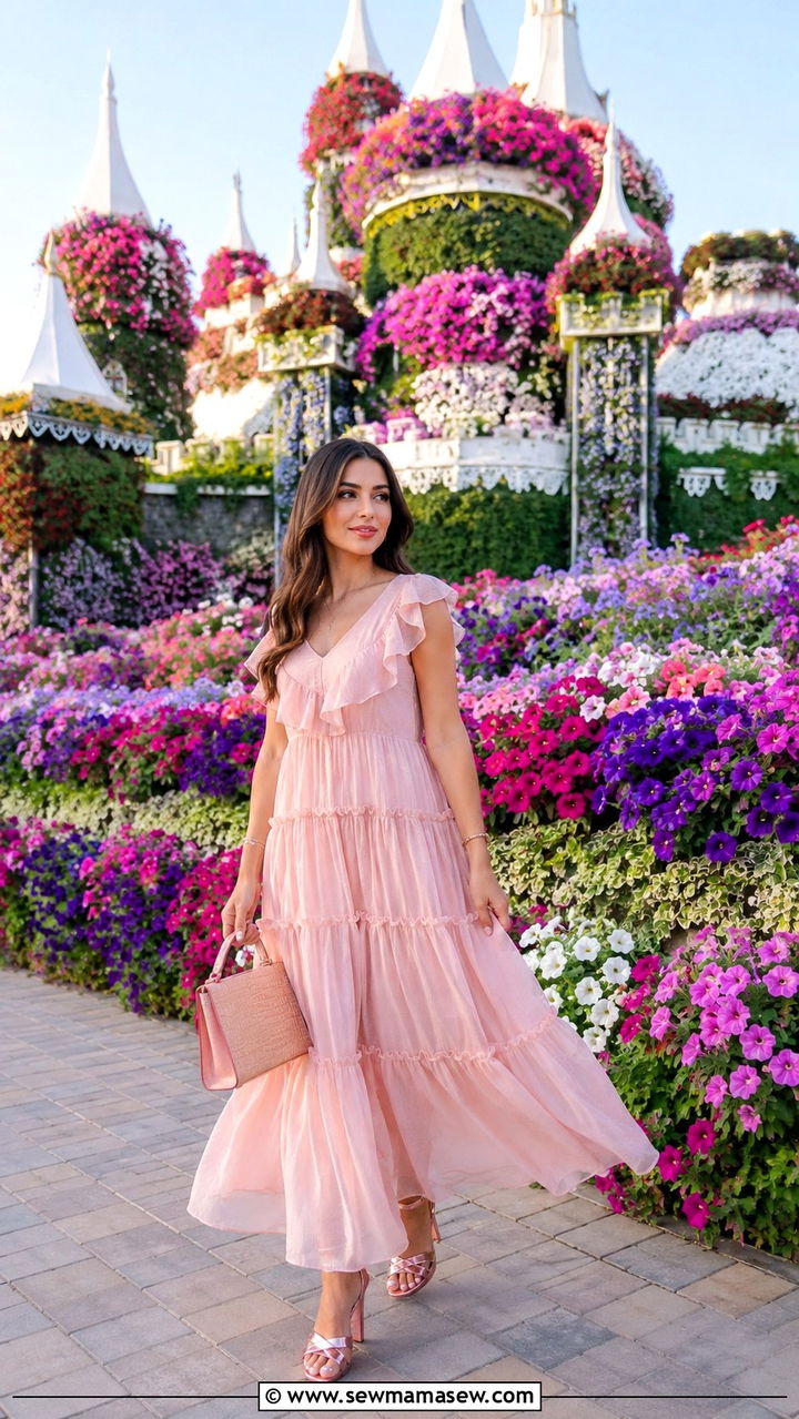 Pastel Tiered Ruffle Maxi Dress - 30 Dubai vacation outfit ideas modest