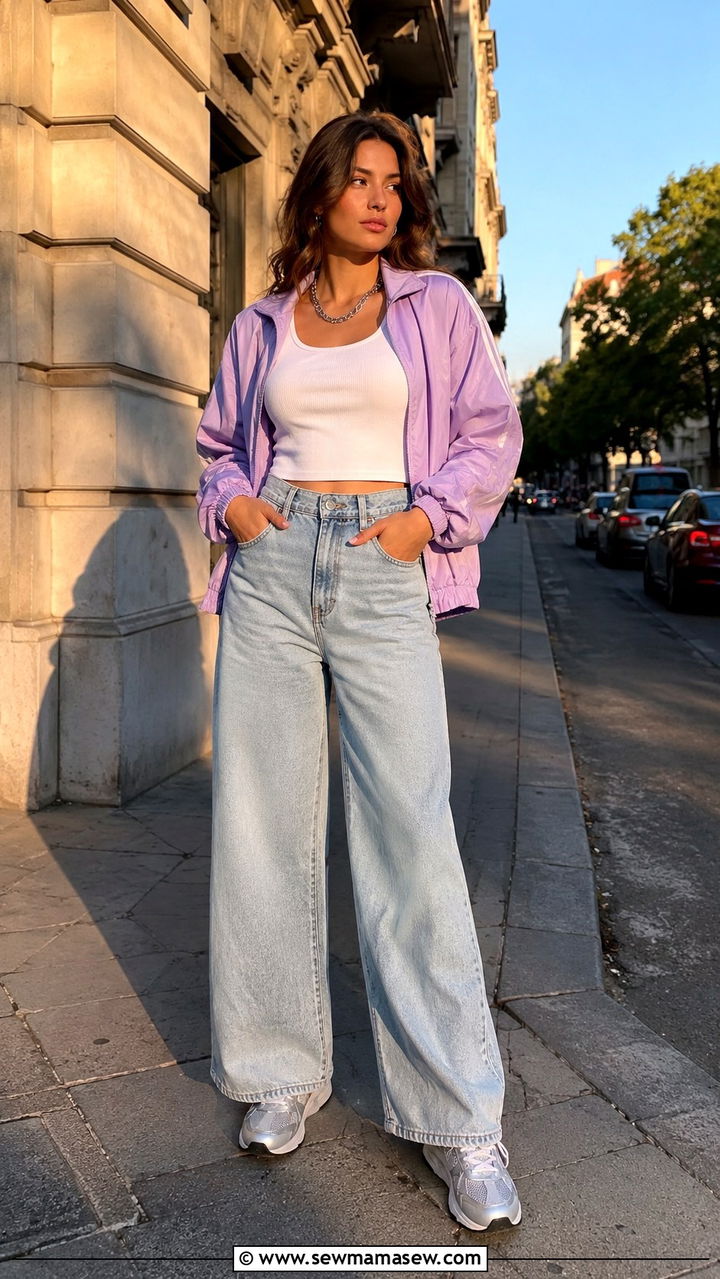 Pastel Track Jacket With WideLeg Jeans and Metallic Sneakers - 30 Spring outfits with sneakers