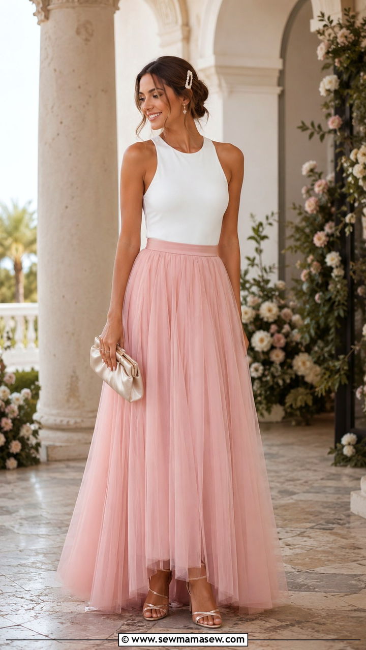 Pastel Tulle Maxi Skirt With White Bodysuit And Strappy Sandals - 30 Tulle skirt outfit ideas for summer