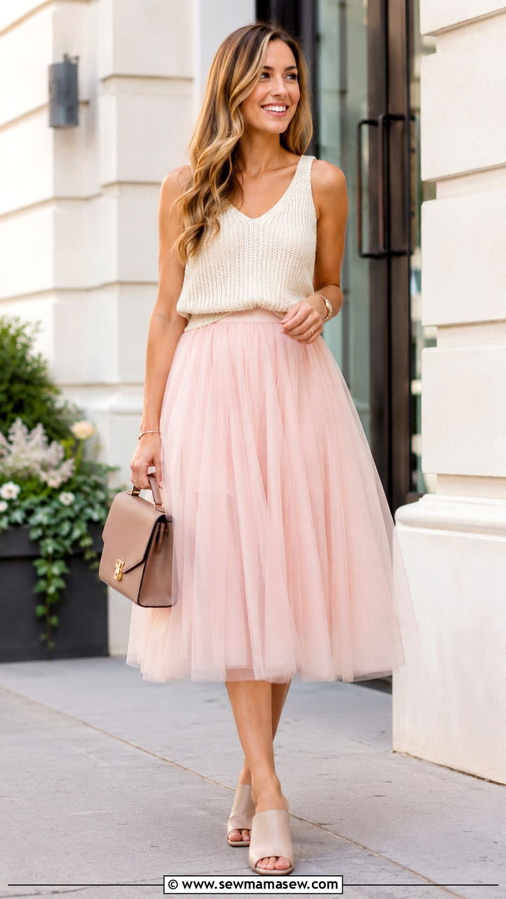 Pastel Tulle Midi Skirt With Sweater Tank And Mules - 30 Tulle skirt outfit ideas for summer