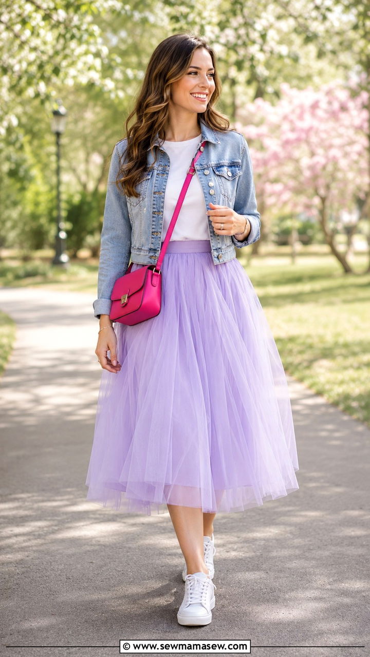 Pastel Tulle Skirt With Denim Jacket And White Sneakers Outfit - 25 Tulle skirt outfit ideas with sneakers