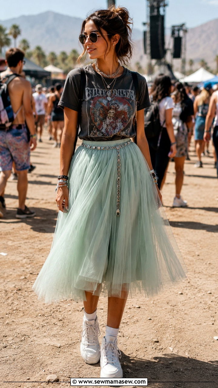 Pastel Tulle Skirt With Vintage Band Tee - 20 Tulle skirt outfit ideas with a tee