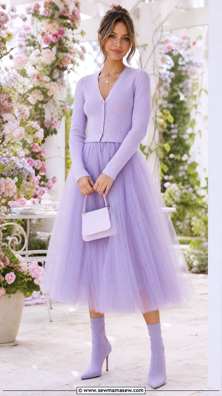 Pastel Tulle Skirt with Fitted Cardigan and Sock Boots - 25 Tulle skirt outfit ideas with boots
