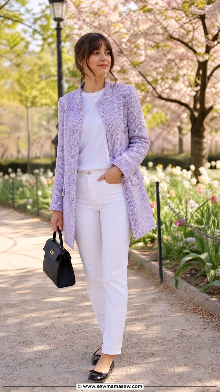 Pastel Tweed Coat With White Jeans and Ballet Flats - 35 French girl spring outfit ideas
