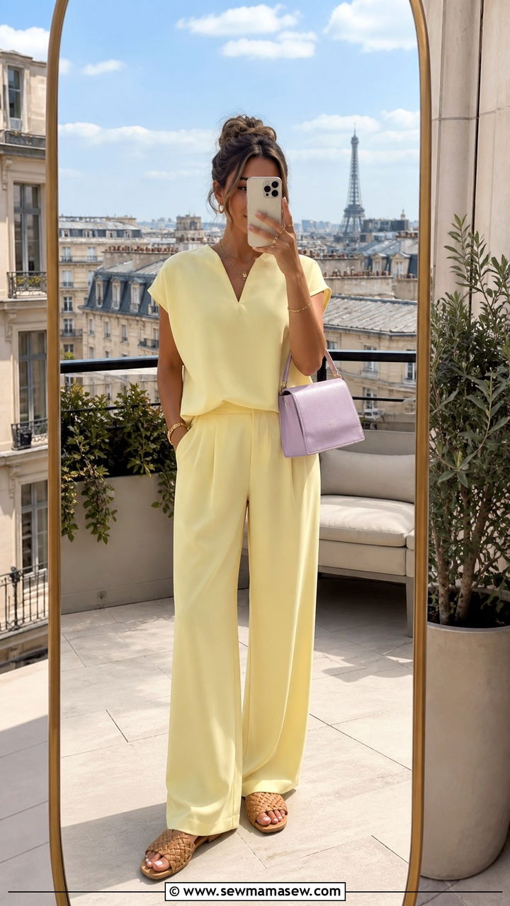 Pastel Two Piece Set with Woven Slides - 40 summer parisian outfits