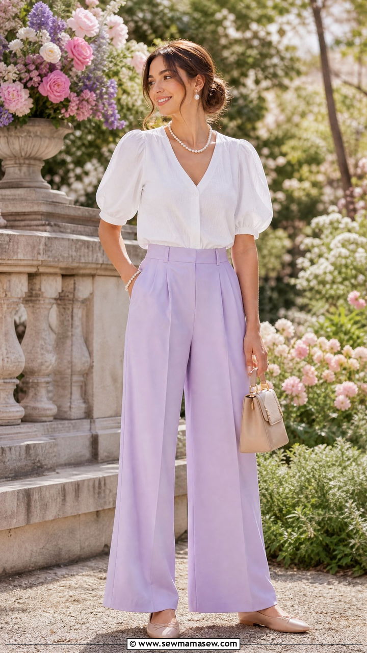 Pastel Wide Leg Pants With White Puff Sleeve Blouse - 30 Modest outfit ideas with wide leg pants
