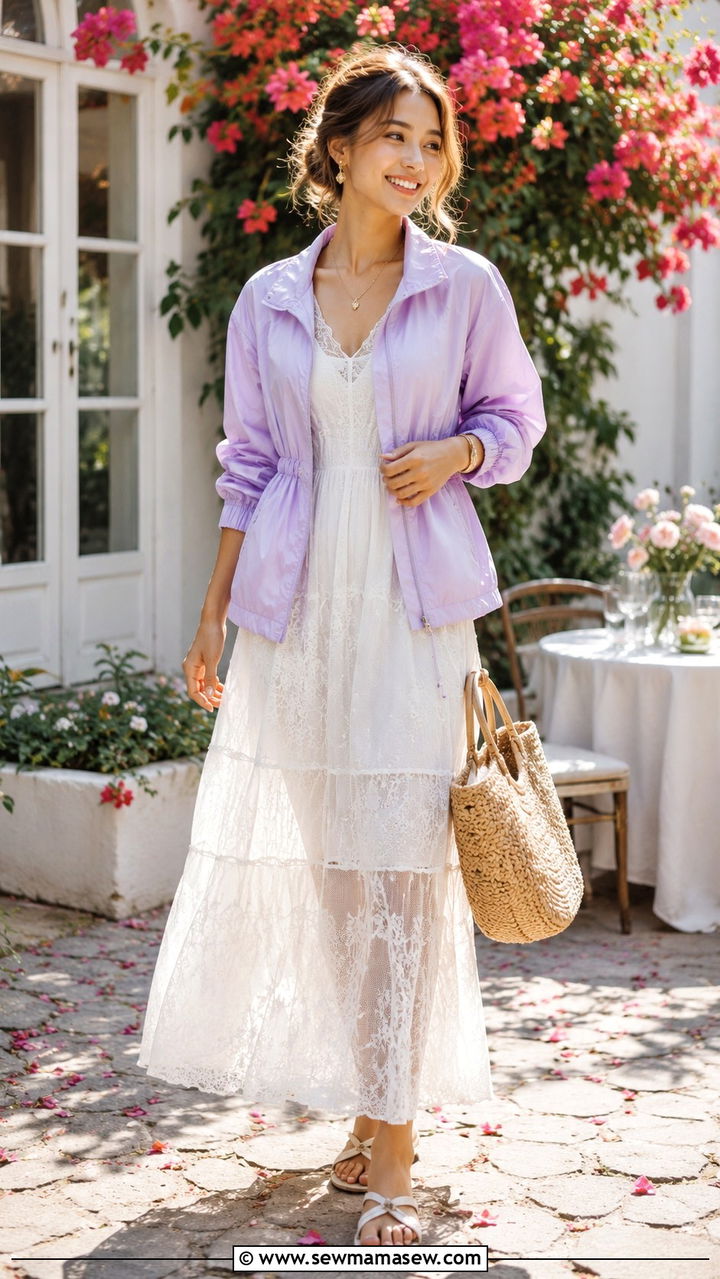 Pastel Windbreaker Outfit With Gauzy Lace Dress - 30 cute windbreaker outfits