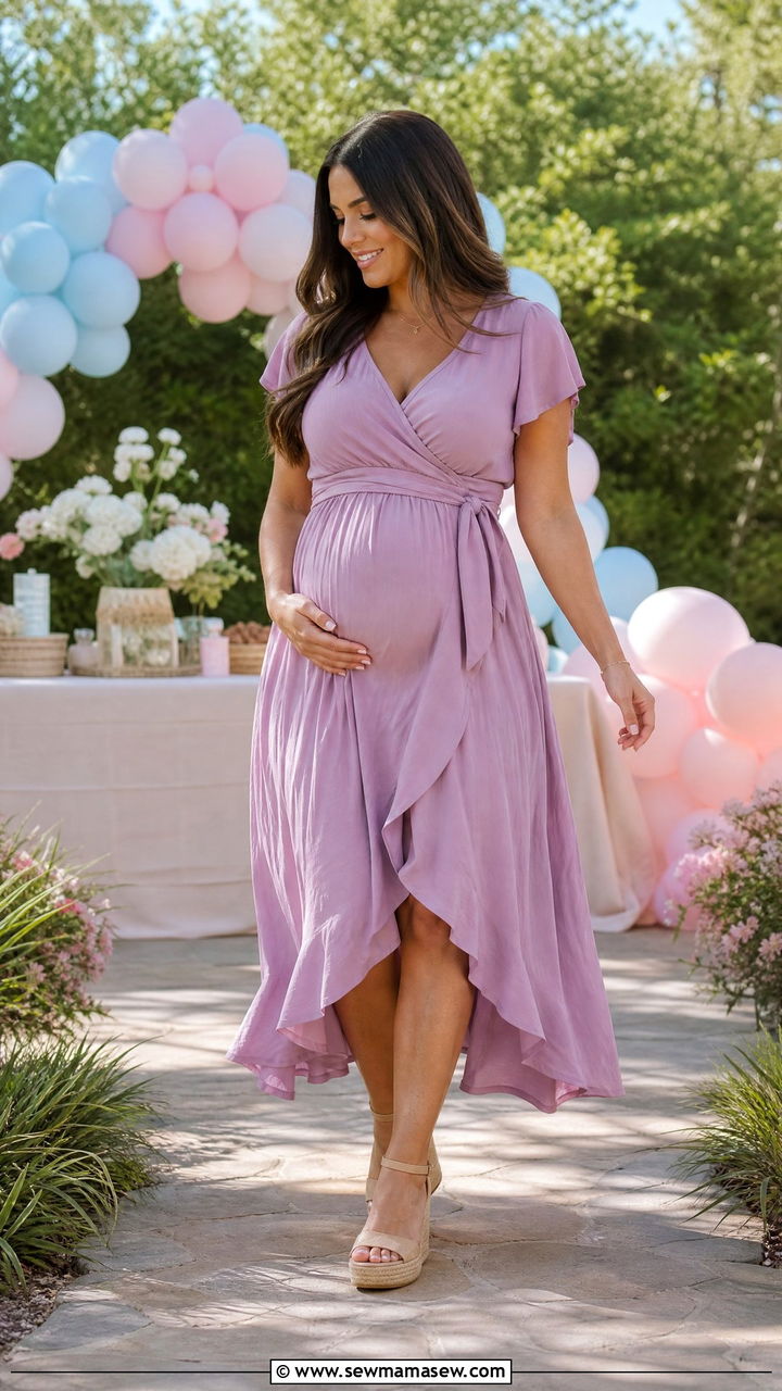 Pastel Wrap Dress With Espadrille Wedges - 25 Gender reveal photo outfit ideas 2026