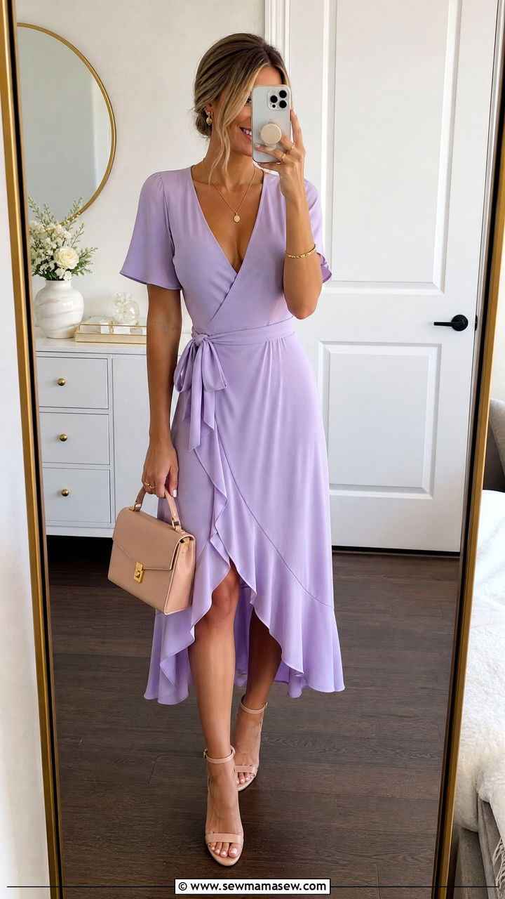 Pastel Wrap Dress With Nude Heels - 30 summer wedding guest outfit ideas for women