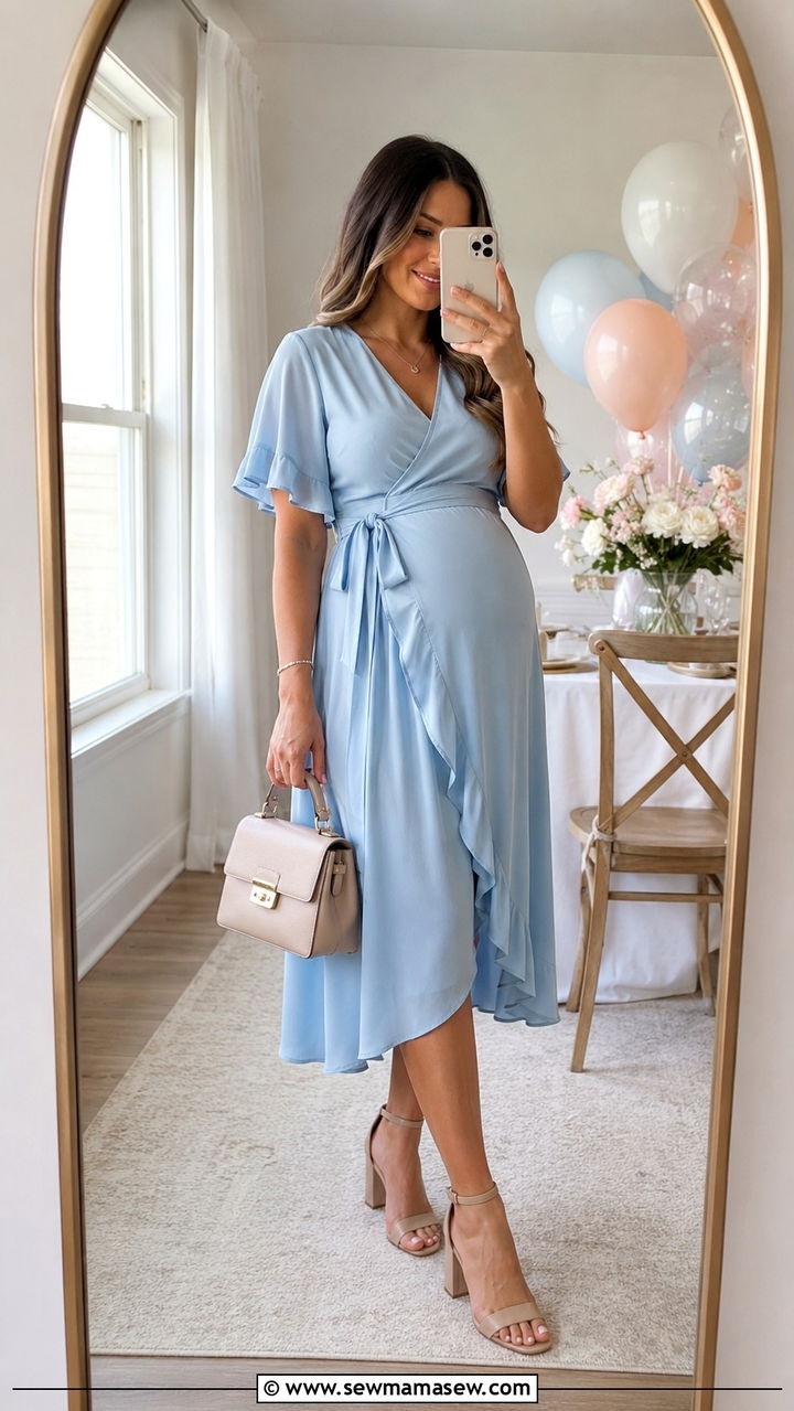 Pastel Wrap Dress and Block Heels - 30 classy baby shower outfit ideas