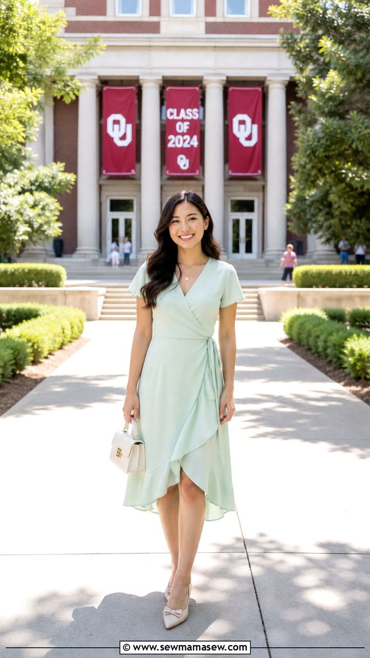 Pastel Wrap Dress with Ballet Flats - 40 Graduation outfit ideas