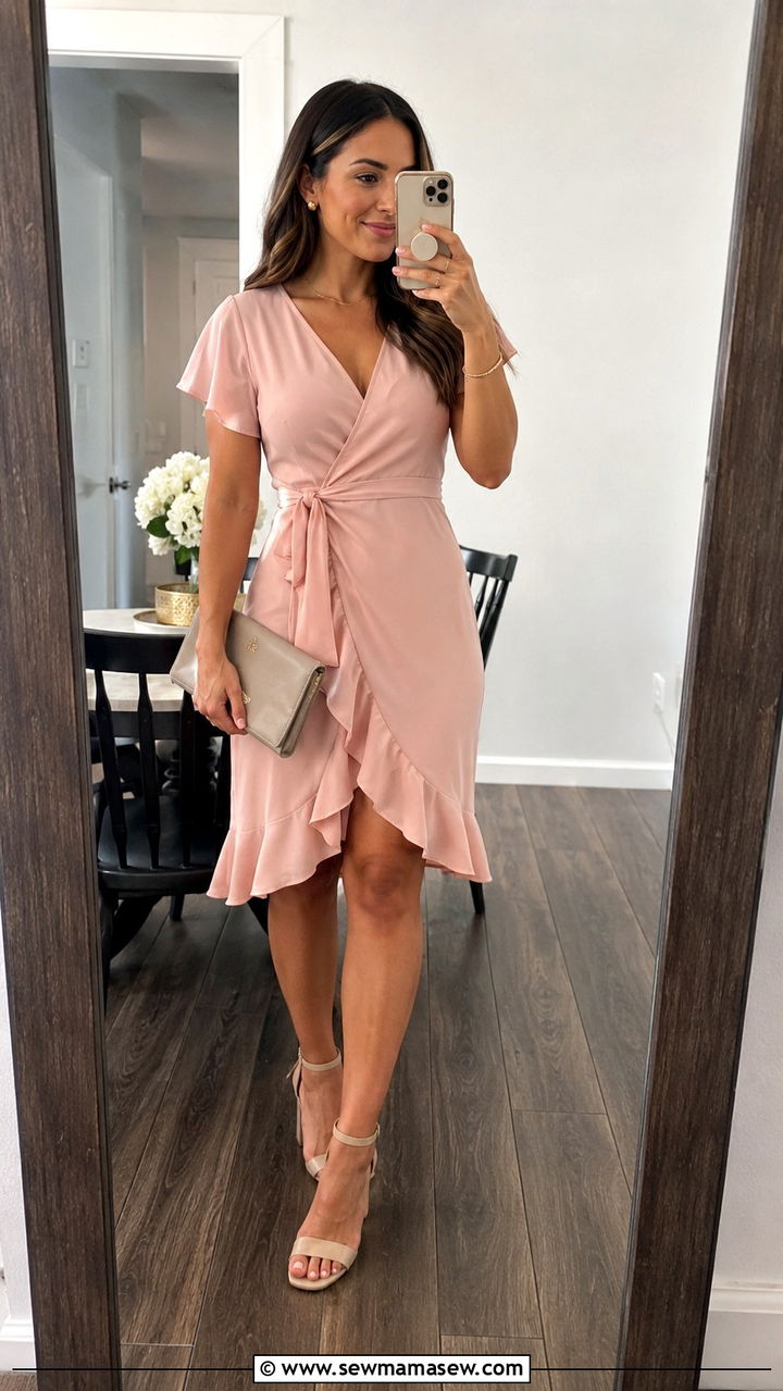 Pastel Wrap Dress with Block Heels - 25 Baby shower brunch outfit ideas