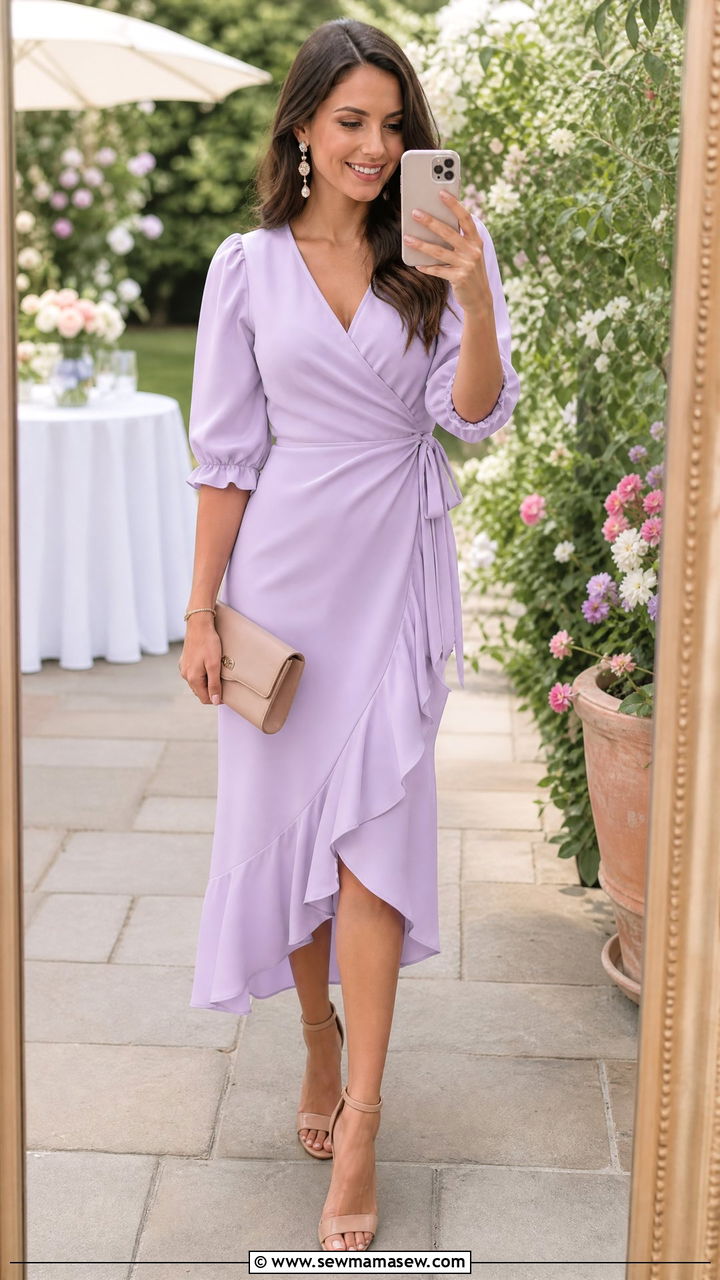 Pastel Wrap Dress with Nude Block Heels - 35 Garden party outfit ideas
