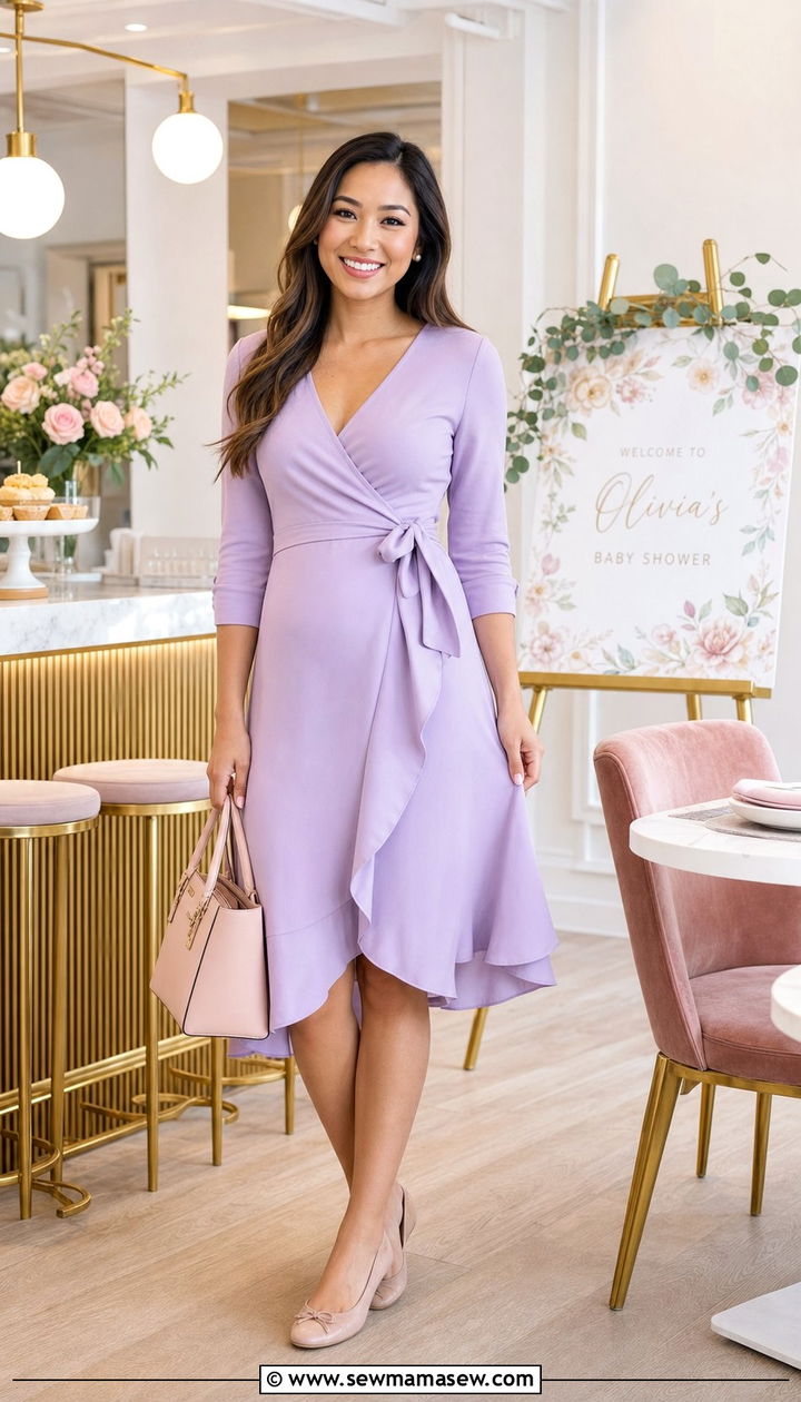 Pastel Wrap Dress with Nude Flats for Baby Shower - 35 Baby shower outfit ideas