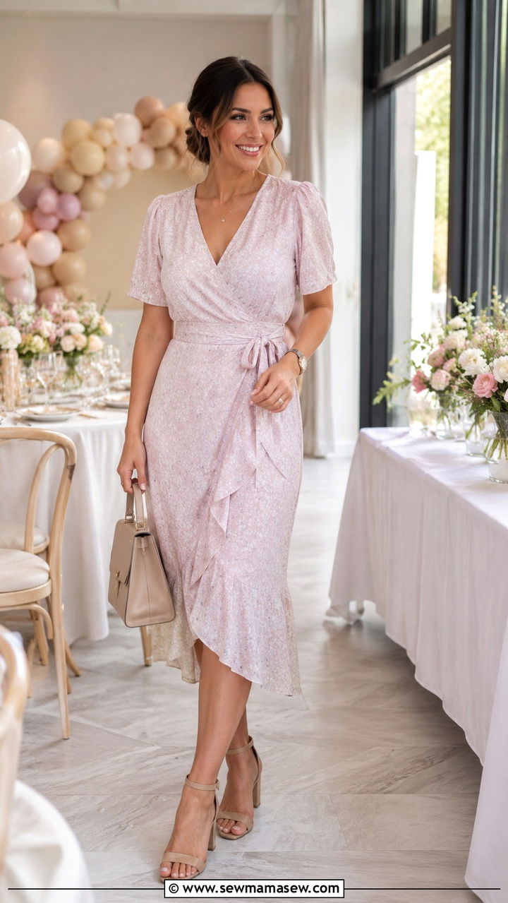 Pastel Wrap Dress with Nude Heels - 25 Baby shower outfit ideas hostess