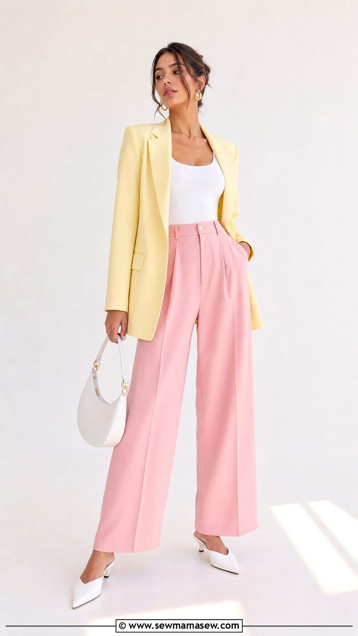 Pastel Yellow Blazer With Pink Wide Leg Trousers - 25 Early April outfit ideas