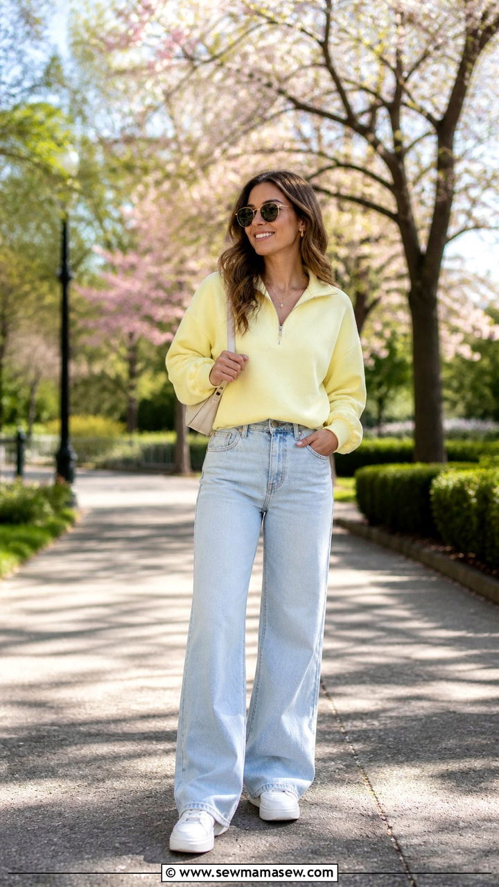 Pastel Yellow Half Zip And Wide Leg Jeans With Sneakers - 40 spring outfits for moms