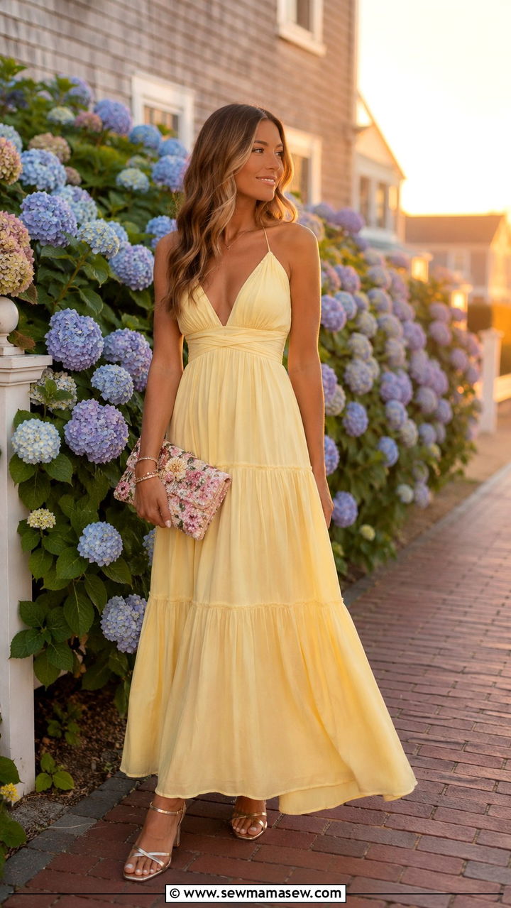 Pastel Yellow Maxi Dress With Strappy Sandals - 30 Nantucket outfit ideas 2026