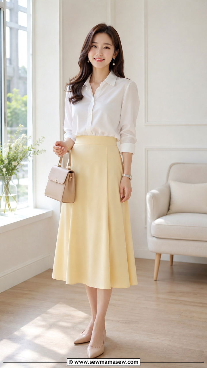 Pastel Yellow Midi Skirt and White Blouse Outfit - 30 Spring work capsule wardrobe