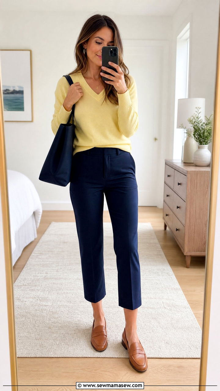 Pastel Yellow Sweater With Cropped Navy Trousers - 40 spring business casual outfits