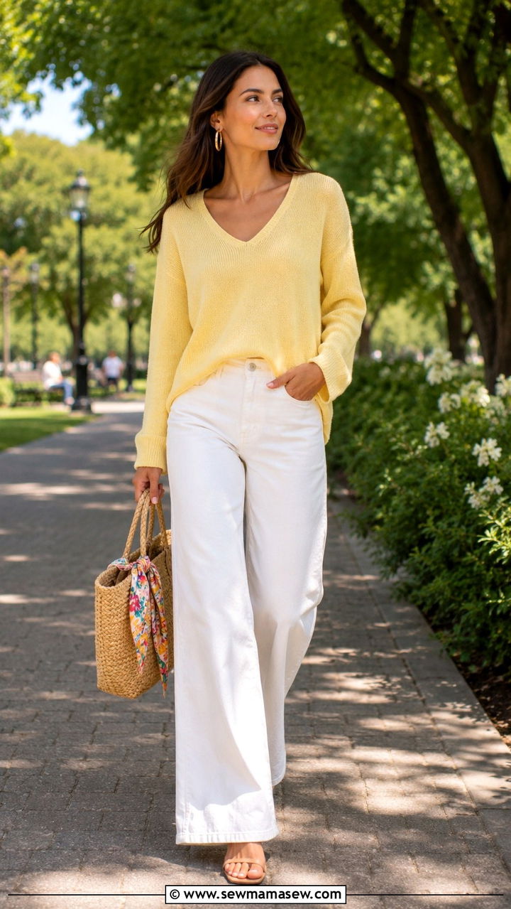 Pastel Yellow Sweater with White Wide Leg Jeans - 30 Late March outfit ideas