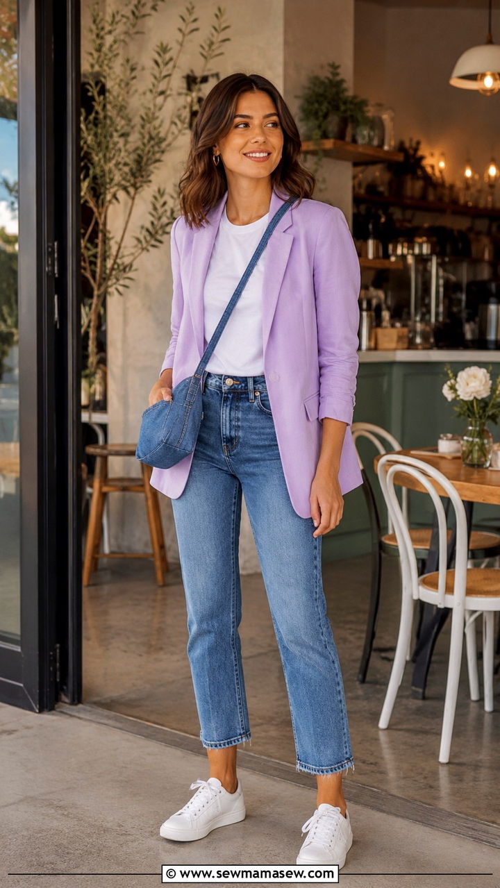Pastel blazer and white tee with denim bag - 20 spring outfits with denim bag