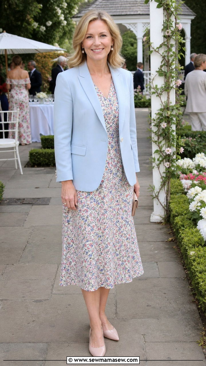 Pastel blazer with floral dress outfit - 40 spring outfit ideas for women over 40