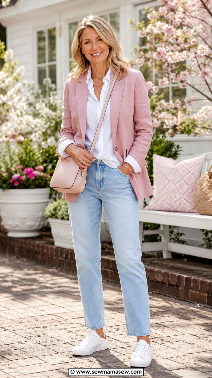 Pastel blazer with pale wash jeans - 20 Jeans and blazer outfit ideas over 40