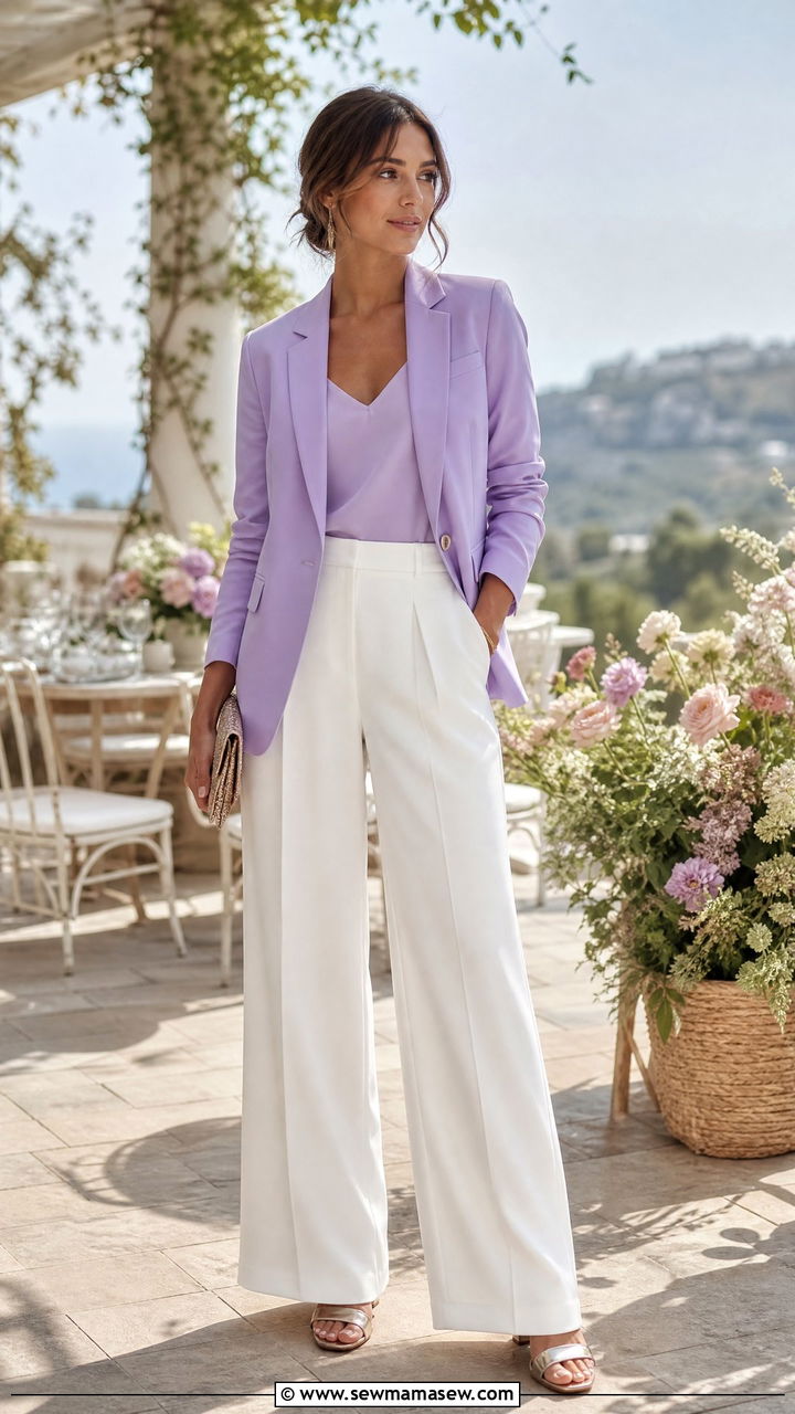 Pastel blazer with tailored white trousers - 25 How to style a blazer for a wedding