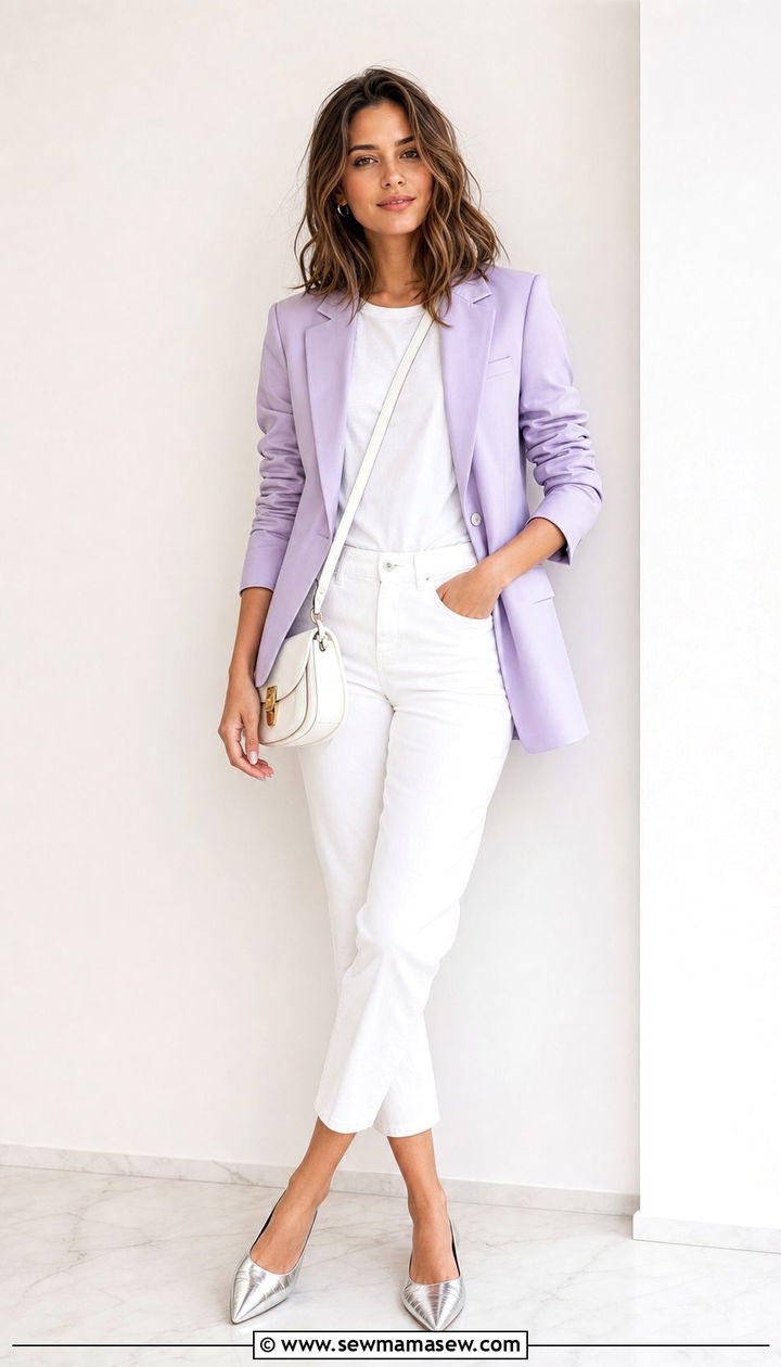 Pastel blazer with white jeans and metallic flats - 25 spring early spring outfit ideas