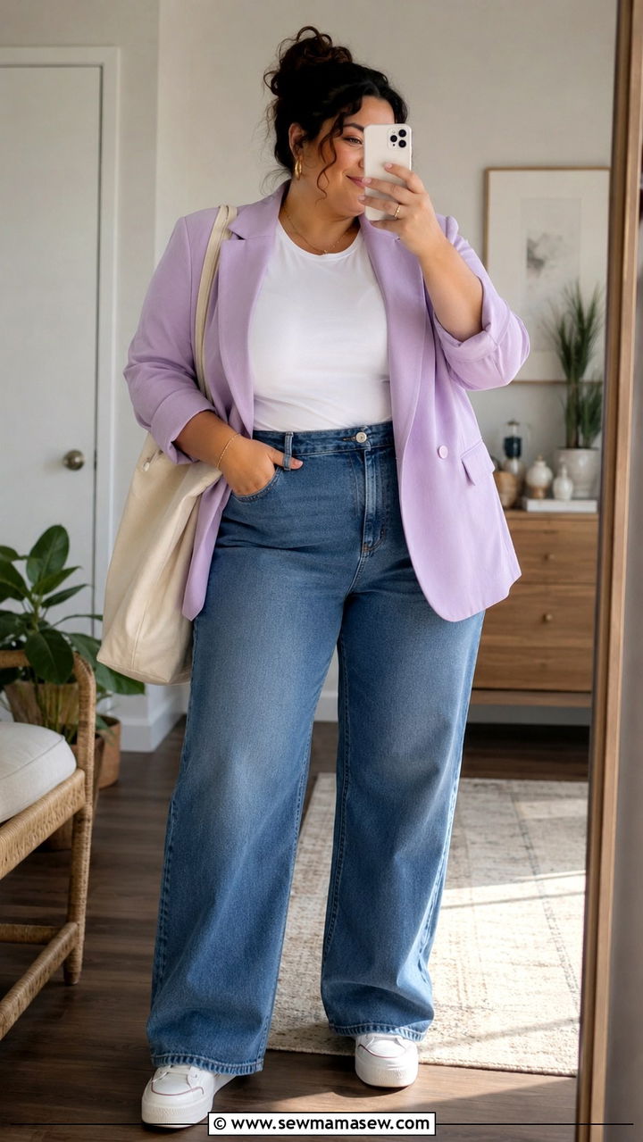 Pastel blazer with wide leg jeans - 30 Plus size outfit ideas spring 2026